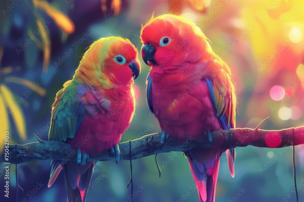 A pair of lovebirds showcasing their vibrant colors while sitting on a tree branch.