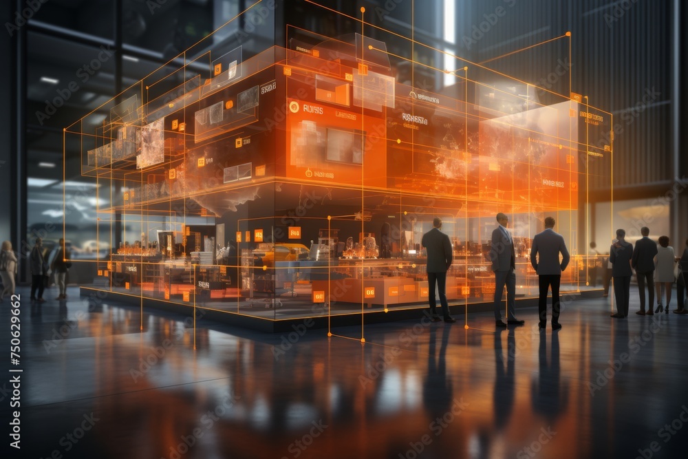 Fototapeta premium Smart warehouse management system using augmented reality technology to identify package picking and delivery . Future concept of supply chain and logistic busines