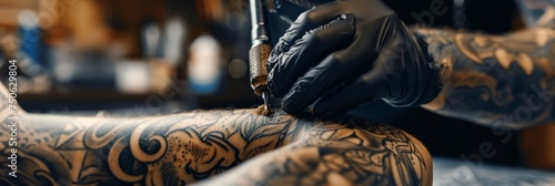  Close-up of a tattoo artist inking a custom design on a client, showcasing the precision and artistry 
