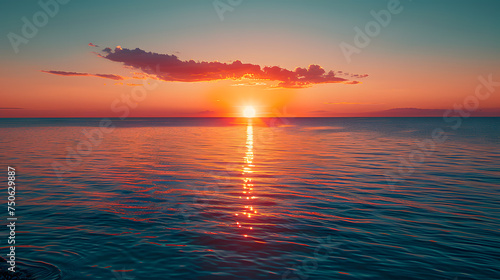A photo featuring the breathtaking moment when the sun breaks the horizon  casting a golden glow over the calm waters of the sea. Highlighting the majestic beauty of the sunrise.