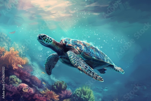 A serene sea turtle gracefully glides through the crystal clear waters of the ocean.