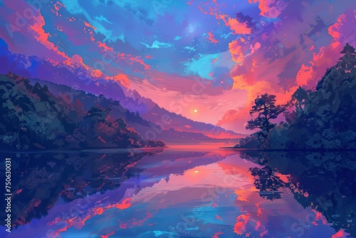 A painting capturing the beauty of a peaceful sunset over a calm body of water, with the lake reflecting the vibrant colors of the sky.