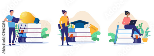 Education and school illustrations - Set of student people with computer and books, taking classes and learning while reading and studying. Flat design vector with white background