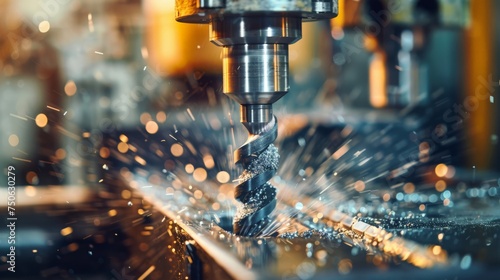 Macro shot of a drill press in operation, drilling into a piece of steel, metal shavings in focus