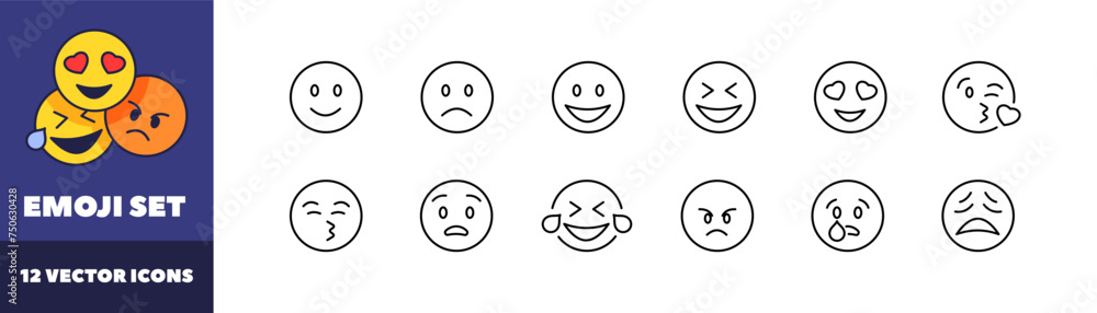 Emoji set. Emoji stickers icon set. Linear style. Vector icons