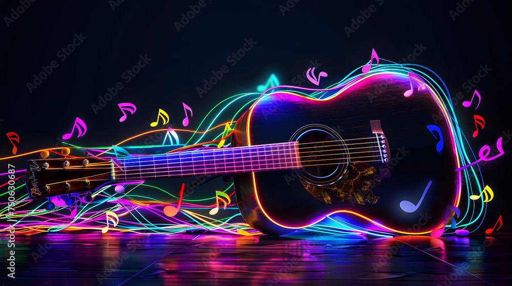 acoustic guitar and colourful music notes - obrazy, fototapety, plakaty 