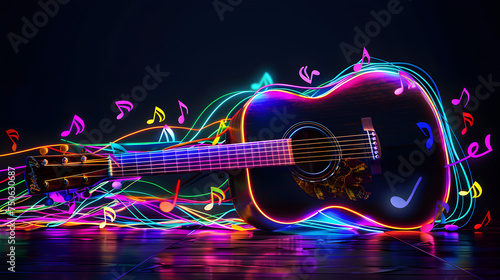 acoustic guitar and colourful music notes photo