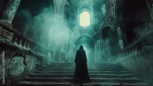 Black female ghost silhouette. Beautiful scary horror scene. Mystery cloak man inside old ancient gothic castle. Creepy woman shadow. Girl spirit walk indoor. Mysterious person stroll in foggy house. photo