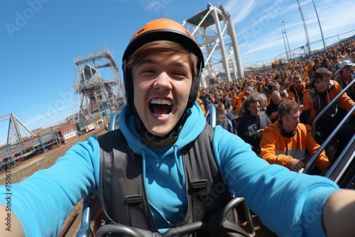 the exhilarating moment of a couple embracing on a rollercoaster against a clear blue sky