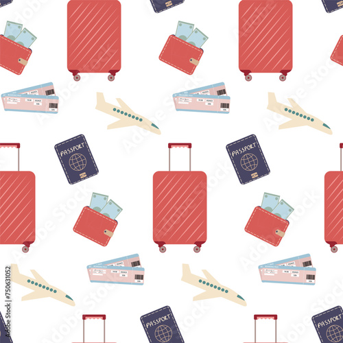 seamless pattern with airplanes, luggage, suitcase, plane tickets, passport and wallet. Tourist flight background