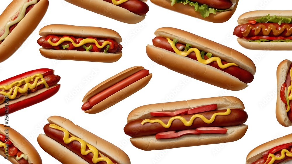 Hot dog topped with ketchup, mustard, and lettuce on a white bun, on white background Hot dog topped with ketchup, mustard, and lettuce on a white bun, on white background
