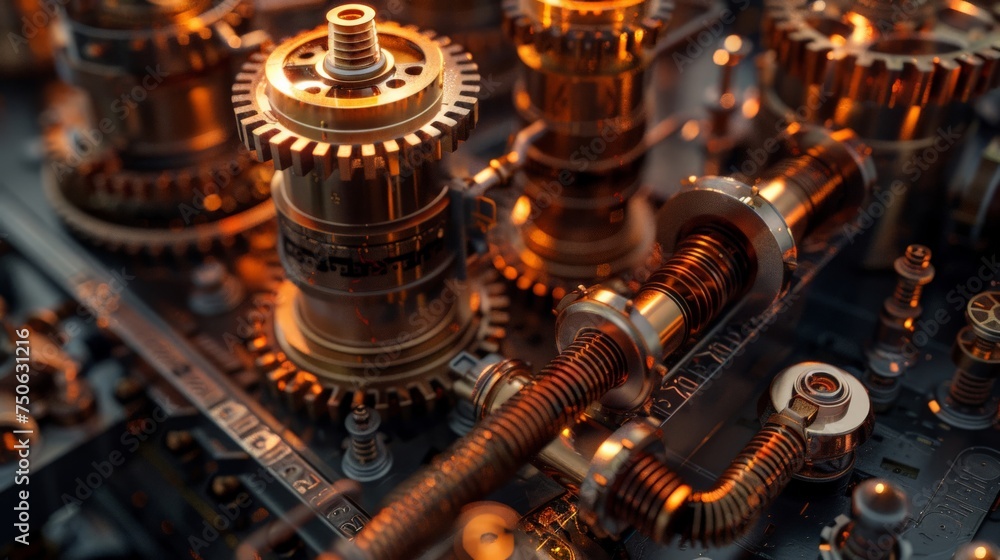 Steampunk network hardware with brass and copper gears powering data transmission through mechanical internet Steampunk network hardware with brass and copper gears powering data transmission through mechanical internet