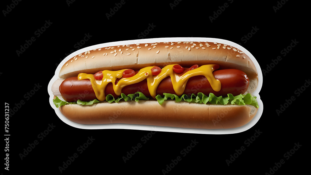 Hot dog topped with ketchup, mustard, and lettuce on a white bun, on black background Hot dog topped with ketchup, mustard, and lettuce on a white bun, on black background