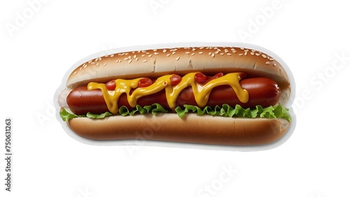 Hot dog topped with ketchup, mustard, and lettuce on a white bun, on white background