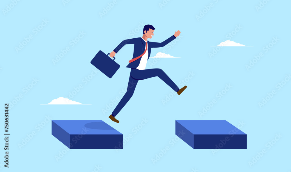 Businessman jumping - Businessperson taking chances with giant leap of faith over platform high up in sky. Business risk and step forward concept in flat design vector illustration Businessman jumping - Businessperson taking chances with giant leap of faith over platform high up in sky. Business risk and step forward concept in flat design vector illustration