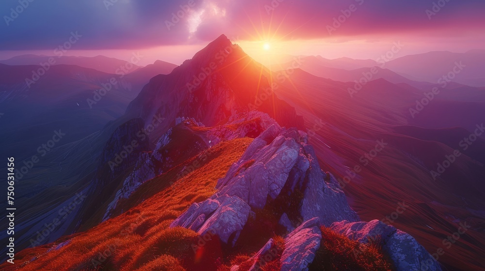 Epic Mountain Sunset: A breathtaking landscape shot capturing the vibrant hues of a sunset over towering mountain peaks, evoking a sense of adventure.