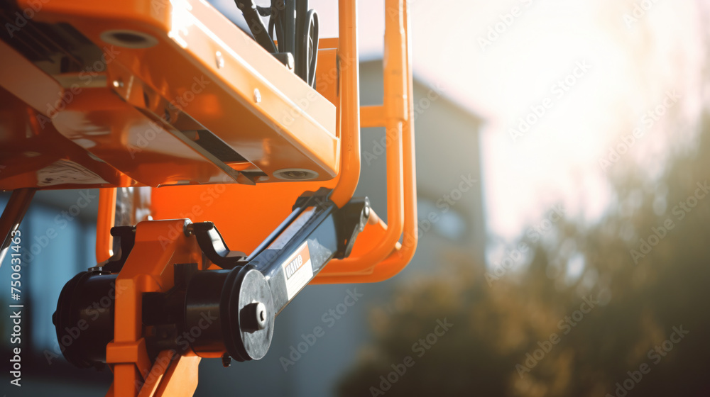 Closeup hydraulic of boom lift. Orange articulated