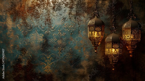 Photo islamic decoration background with arabic lantern crescent islamic pattern with copy space  photo