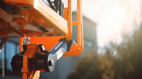 Closeup hydraulic of boom lift. Orange articulated
