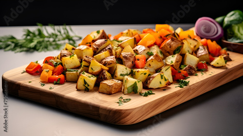chopped vegetables and roasted potato on wood table Sweet Potato Hash with Canadian Bacon Appetizing Panzanella Salad for Restaurant Menu with Ample Space for Customization Cheesy Mashed Potatoes 