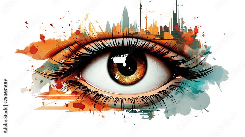 A close-up of an eye looking at a city skyline