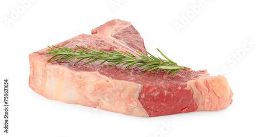 Raw t-bone beef steak and rosemary isolated on white