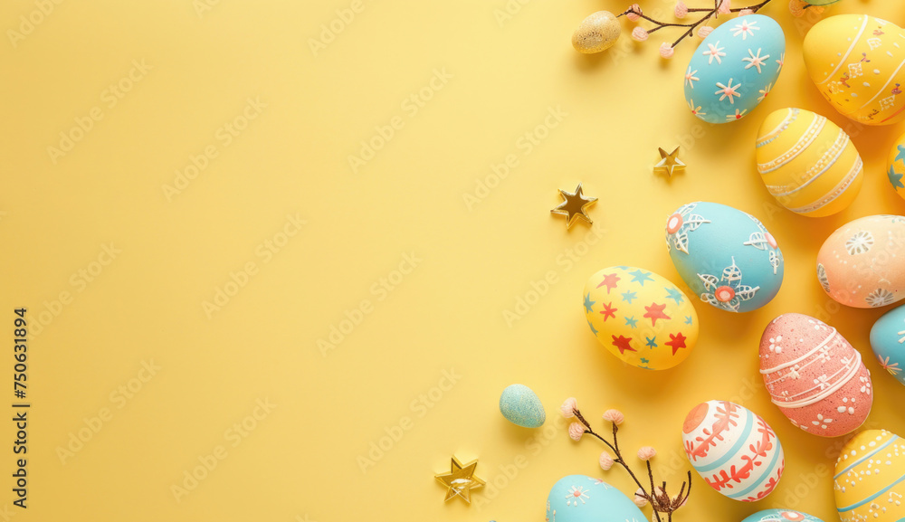 Easter wallpaper, easter eggs and stars on a yellow background
