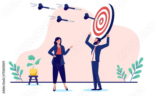 Business bullseye - Businesspeople with dartboard hitting accurate bullseye perfectly. Success and achievement in career and work concept in flat design vector illustration with white background