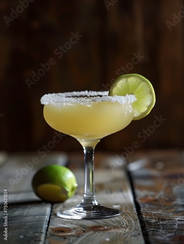 Classic margarita cocktail with lime and salt - An elegant glass of margarita cocktail with a salted rim and a lime wedge on an old wooden table
