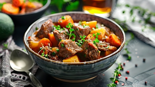 Savory beef stew with vegetables in bowl - Delicious homemade beef stew with chunks of tender meat, carrots, and potatoes, garnished with fresh herbs