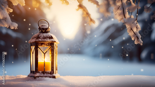 Christmas Lantern On Snow With Fir Branch in winter snow Christmas lantern with burning candle 
