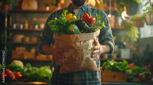 Man holding a grocery shopping bag with fresh vegetable