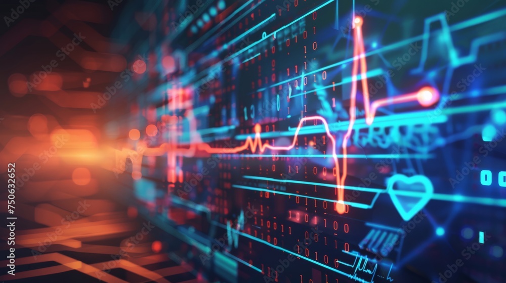 Zoomed in heartbeat line seamlessly merging with digital code representing smart heart health solutions Zoomed in heartbeat line seamlessly merging with digital code representing smart heart health solutions