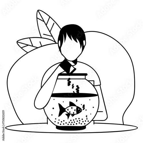 Aquatic Animal in Tank vector design, Pet Care or Sitting Symbol, boarding and training of animals Sign, mammals and human friendship stock illustration, Girl adding the feed to Fish Aquariums concept