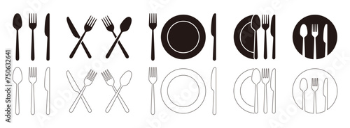 Knife, fork, spoon and plate vector icon set