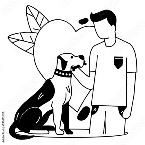 Man cuddling doggy vector design, Pet Care or Sitting Symbol, boarding and training of animals Sign, mammals and human friendship illustration, Dog holding Bone and Standing with communicator concept