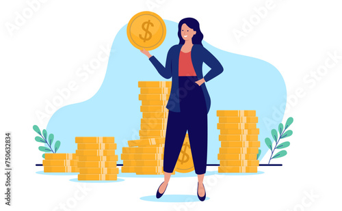 Woman with money - Professional businesswoman standing in front of stack of coins. High salary and income concept in flat design vector illustration with white background
