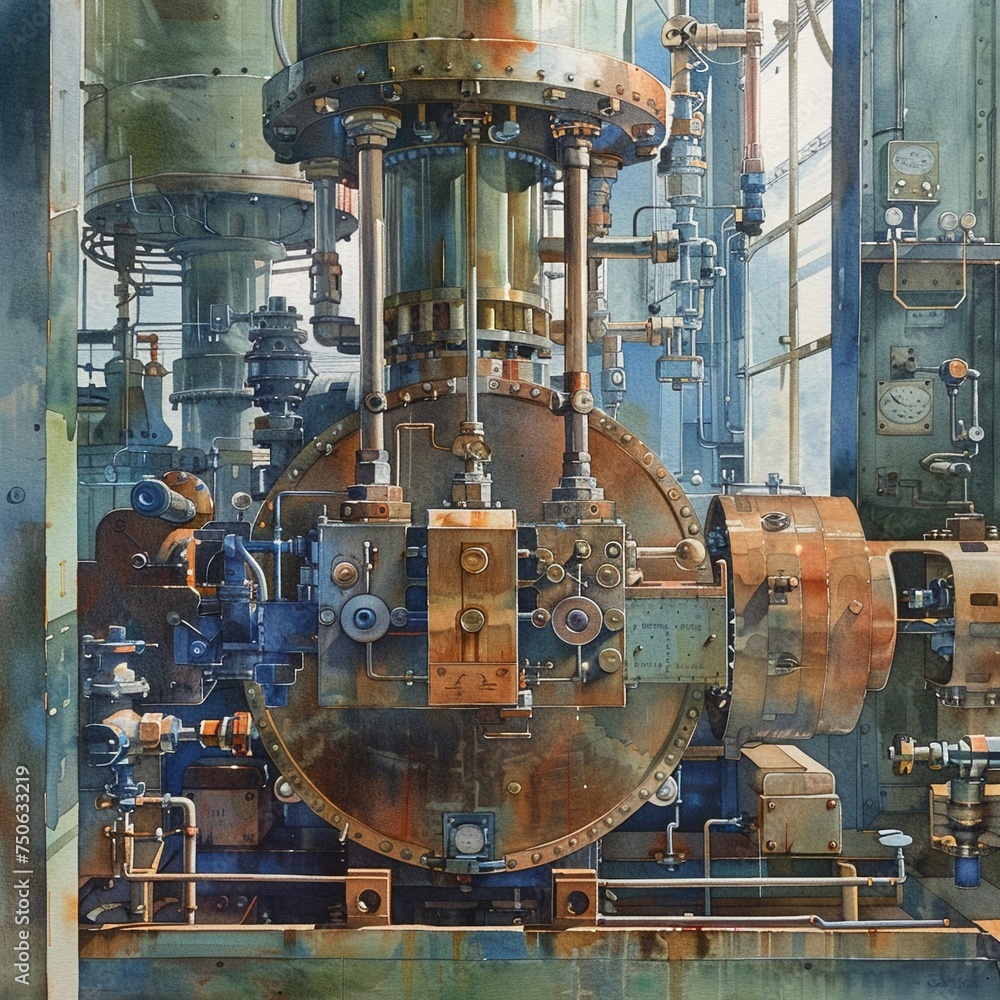 Serene watercolor capturing the calibration of intricate mechanical systems