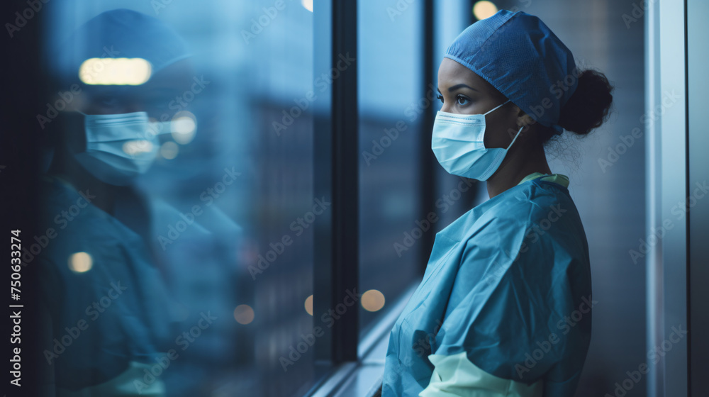 Contemplative healthcare worker in PPE gazing outs