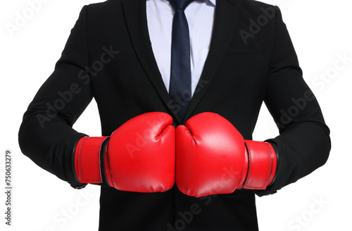 Businessman in suit wearing boxing gloves on white background, closeup © New Africa
