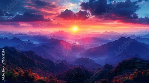 Epic Mountain Sunset: A breathtaking landscape shot capturing the vibrant hues of a sunset over towering mountain peaks, evoking a sense of adventure. photo