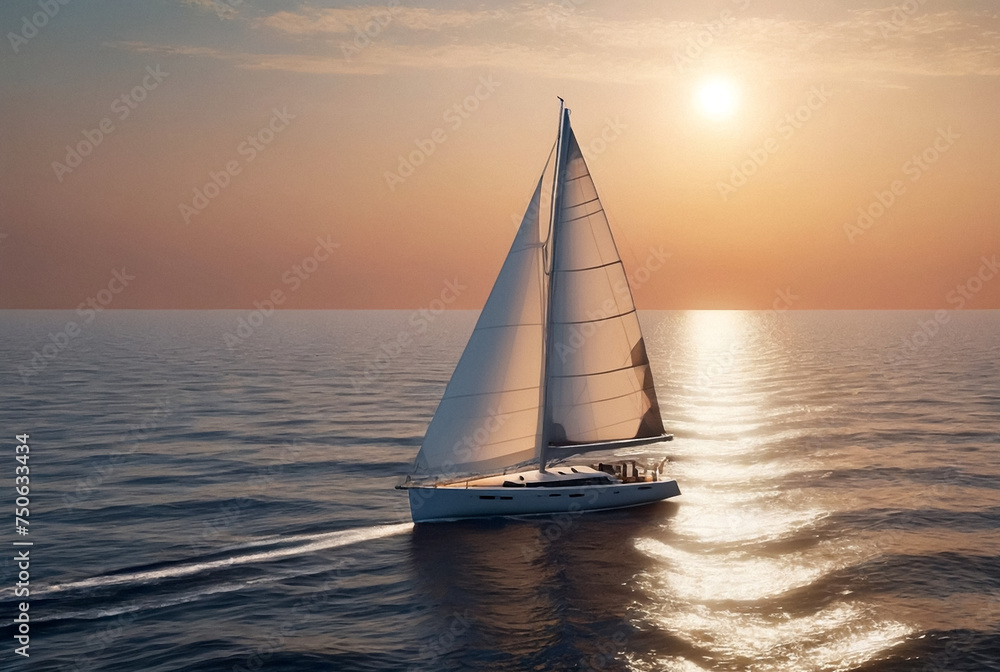 Sailboat with open white sails in sea at evening sunset horizon background. Luxury summer adventure on sailing yacht. Transportation, cruise, sailing, yachting concept. Copy text space
