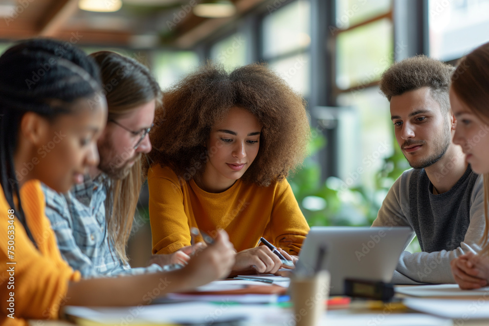 racially diverse team engaging in a brainstorming session, some with digital devices and others with traditional notebooks racially diverse team engaging in a brainstorming session, some with digital devices and others with traditional notebooks
