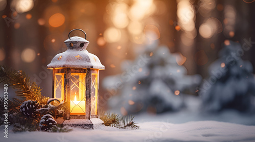 Christmas Lantern On Snow With Fir Branch in winter snow Christmas lantern with burning candle  © Muhammad
