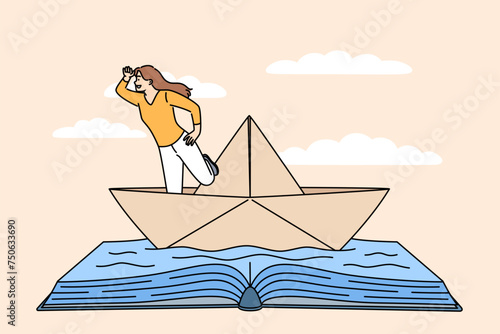 Woman bookworm fantasizes about sailing and traveling around world on ocean, standing in paper ship floating on book made of water. Bookworm girl is about to have adventures like literature characters