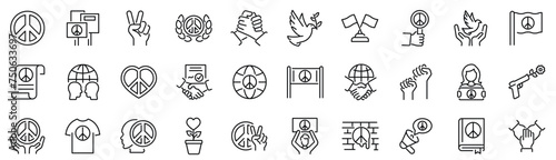 Set of 30 outline icons related to peace.Linear icon collection. Editable stroke. Vector illustration