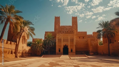 Ancient traditional architecture. Golden fortress in desert. Sandy landscape. Beautiful towers and gateways. Historical cultural building background. Palm tree. Old Arabian castle. Arabic tourism spot photo