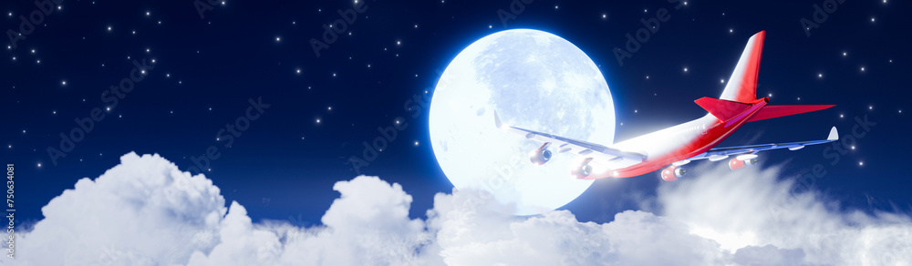 passenger plane Fly past the full moon Above the cumulus clouds. Air travel. On a clear night, the sky There are stars all over the sky and a big moon. 3D Rendering passenger plane Fly past the full moon Above the cumulus clouds. Air travel. On a clear night, the sky There are stars all over the sky and a big moon. 3D Rendering