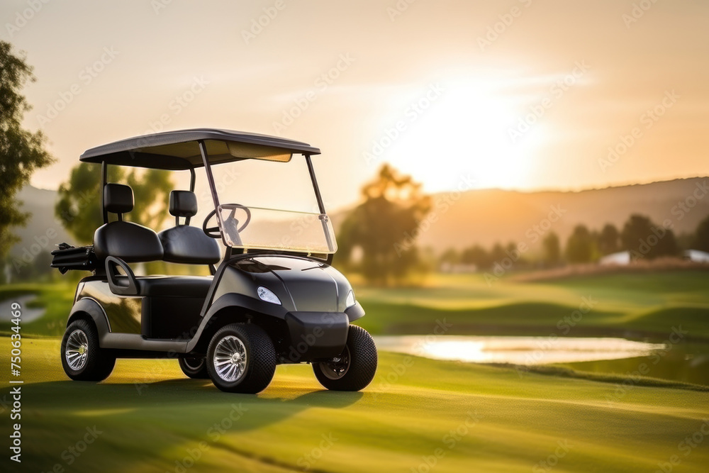 A golf cart stands on a golf course at dawn.