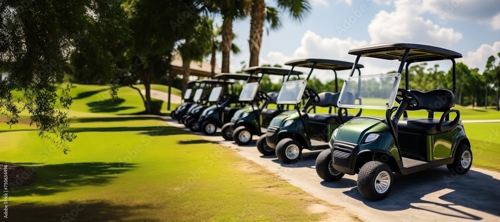 Golf carts are parked in the golf club of a luxury hotel.